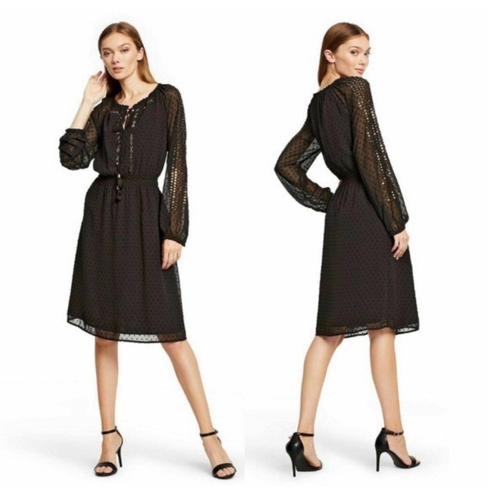 ALTUZARRA Black Swiss Dot Boho Sequin Peasant Dress